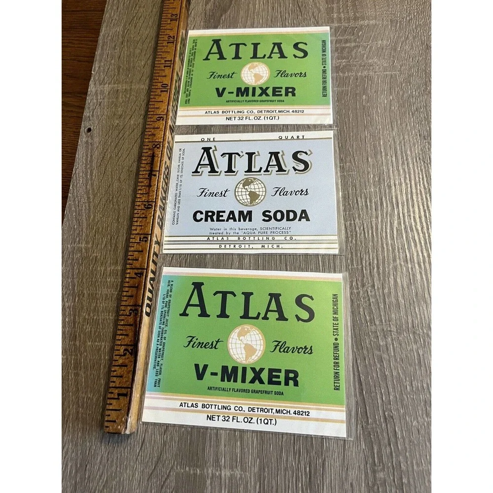 Atlas Bottling V-Mixer & Cream Soda Pop Old Soda Bottle Labels Detroit Michigan