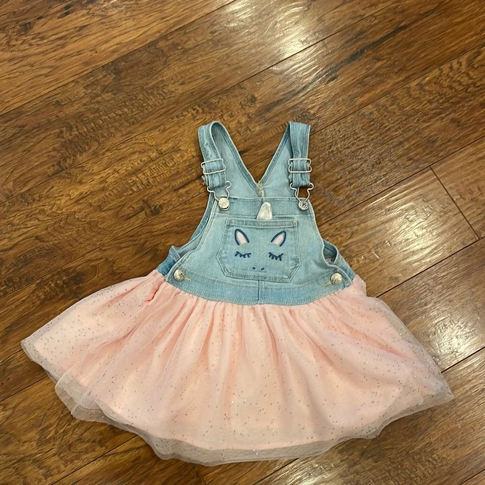 OshKosh B'gosh Unicorn Tulle Pink Silver Denim Overall Dress Vestbak Size 3T
