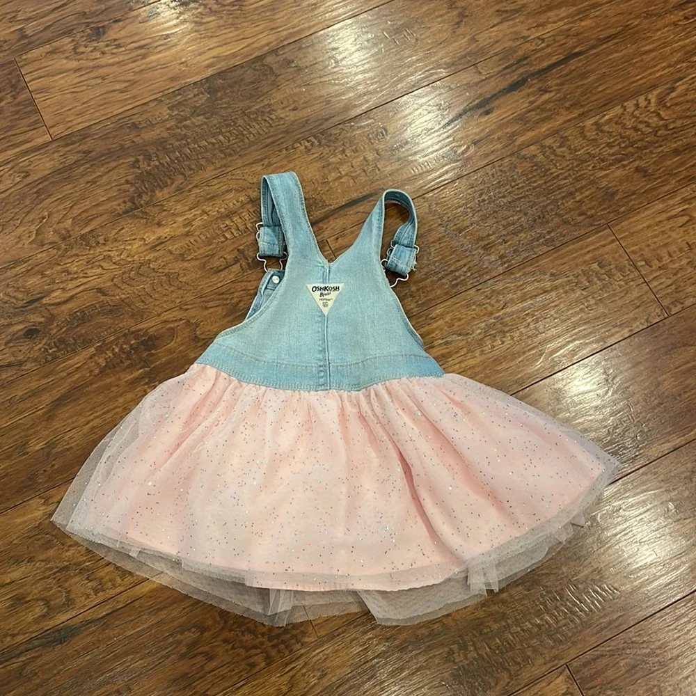 OshKosh B'gosh Unicorn Tulle Pink Silver Denim Overall Dress Vestbak Size 3T