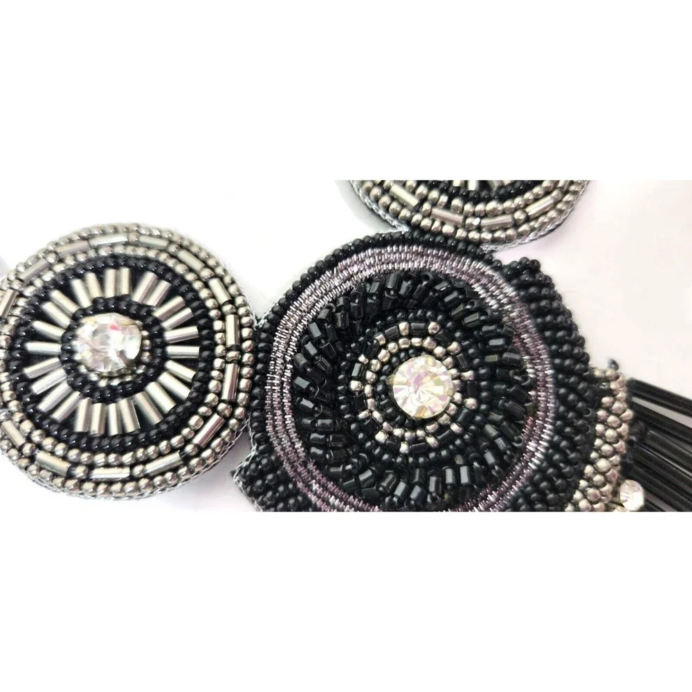 Bling Bead Medallion Bib Necklace Black Silver 19 in. Pageant Formal Glass
