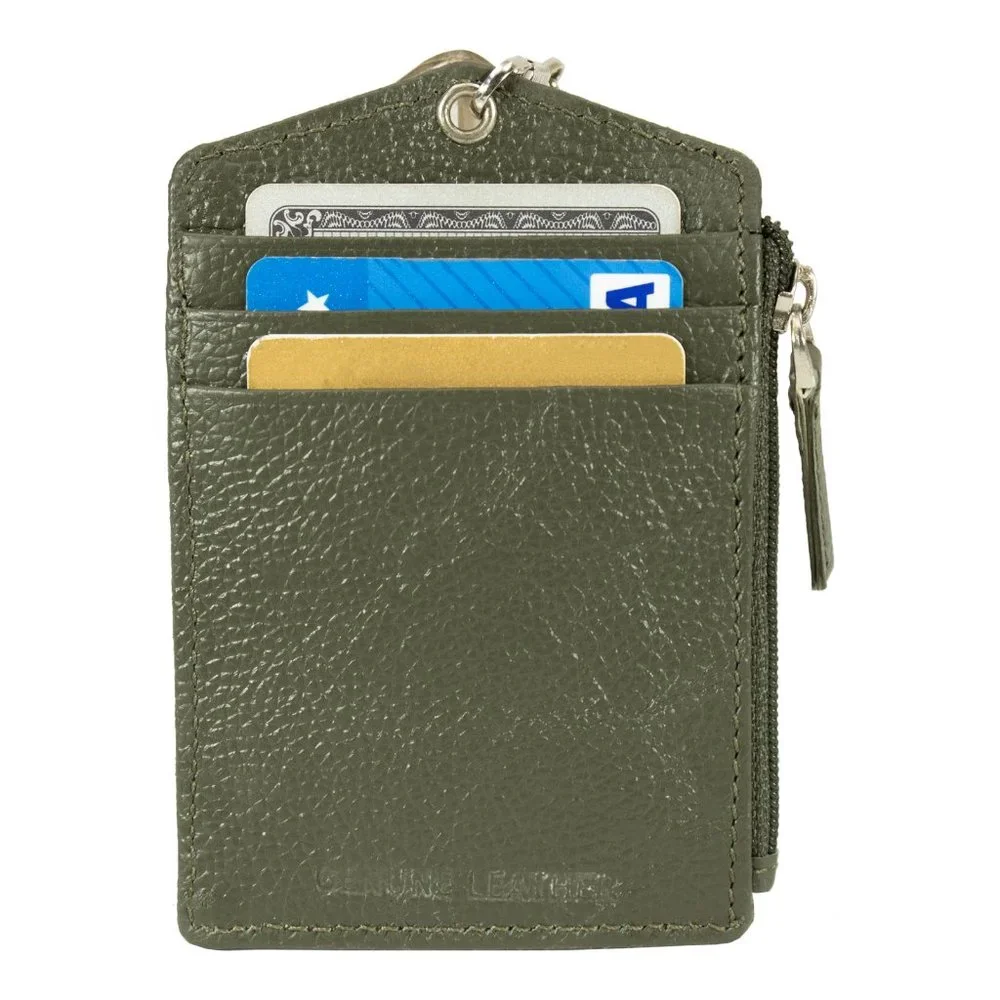 ID Lanyard Card Holder in Genuine Leather with Long Metal Chain