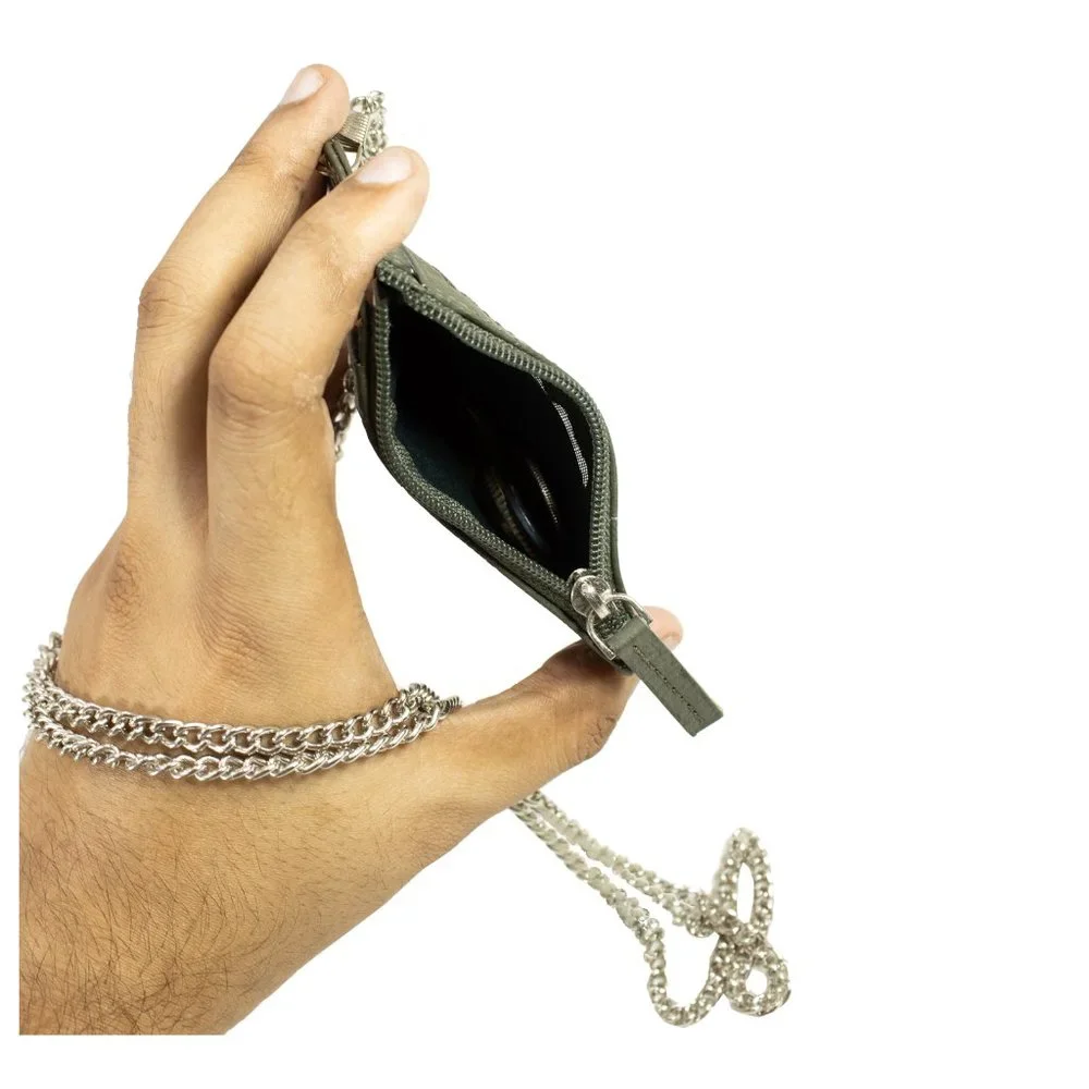 ID Lanyard Card Holder in Genuine Leather with Long Metal Chain