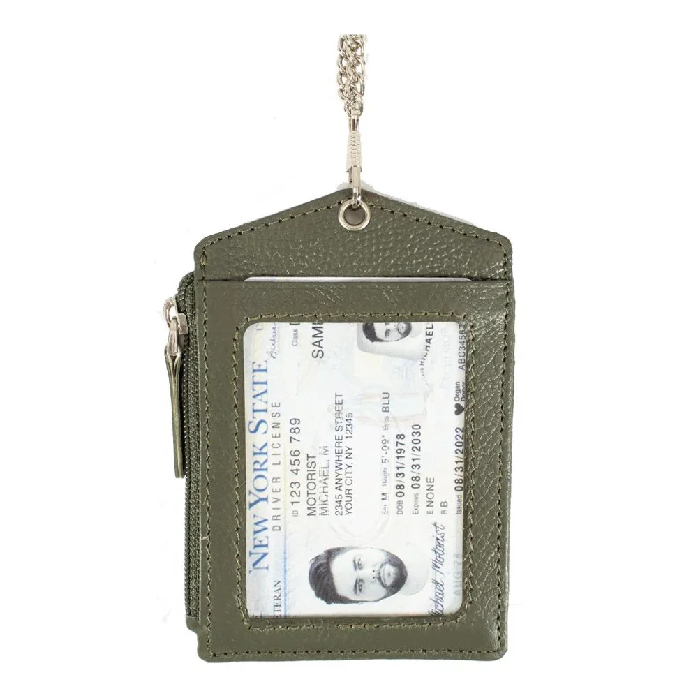 ID Lanyard Card Holder in Genuine Leather with Long Metal Chain