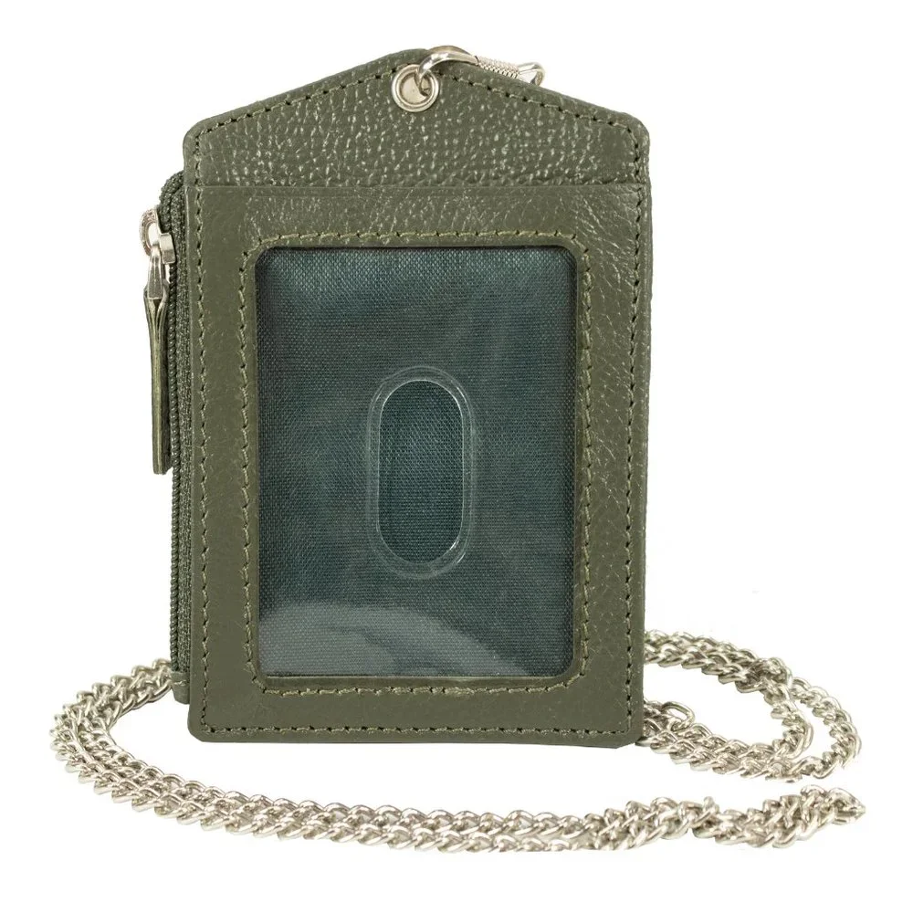 ID Lanyard Card Holder in Genuine Leather with Long Metal Chain