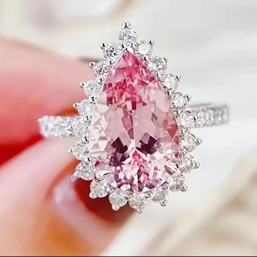 💍 Elegant Princess Engagement Rings For Bride Jewelry Romantic Pink Crystal