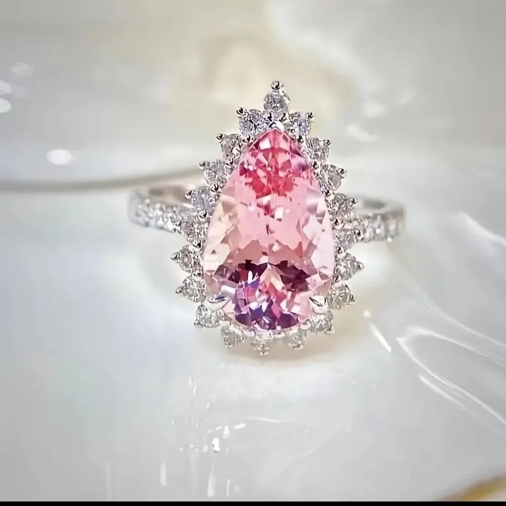 💍 Elegant Princess Engagement Rings For Bride Jewelry Romantic Pink Crystal