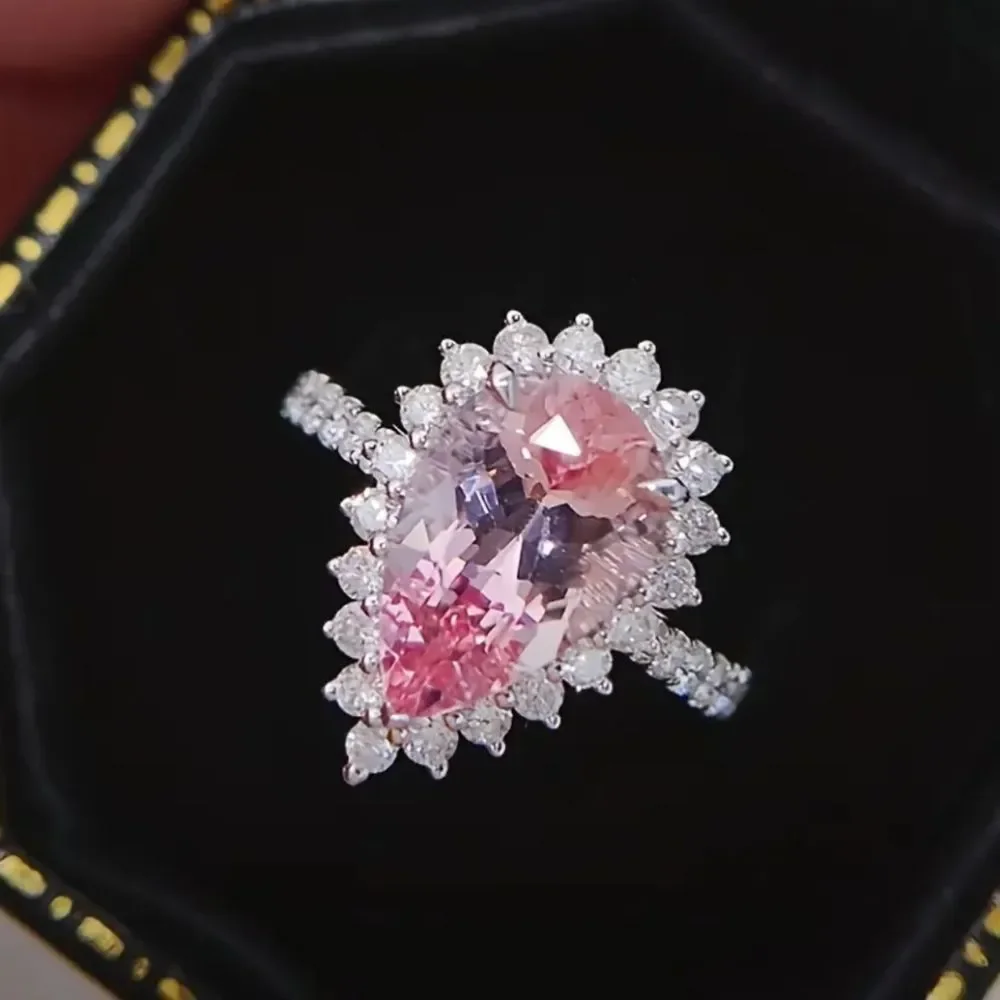 💍 Elegant Princess Engagement Rings For Bride Jewelry Romantic Pink Crystal