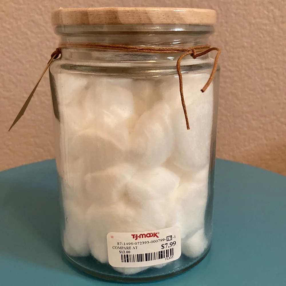 NWT Rae Dunn “Clean” Glass Jar with Wooden Lid and Cotton Balls