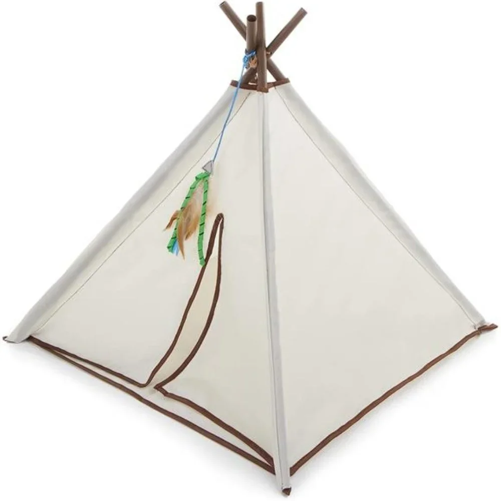 Kitty Camp Crinkle Cat Tent Hideaway with Feather Toy - Beige, One Size