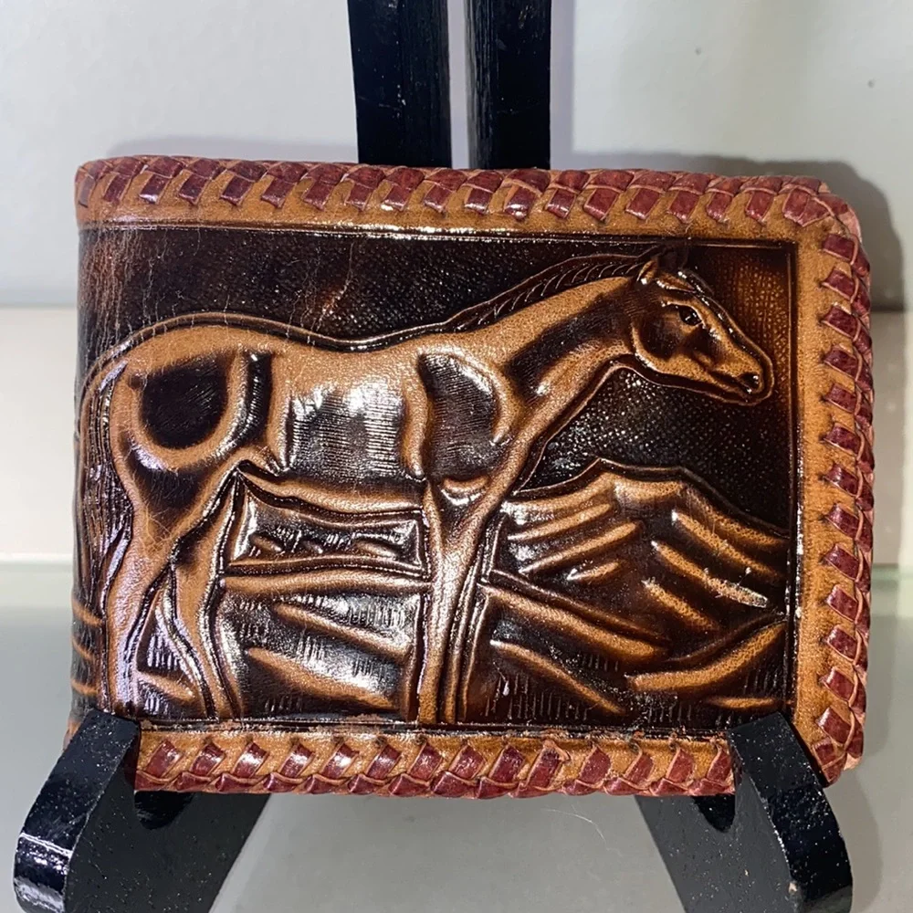 Vintage Tooled Leather Horse & Barn Country Western Wallet Billfold
