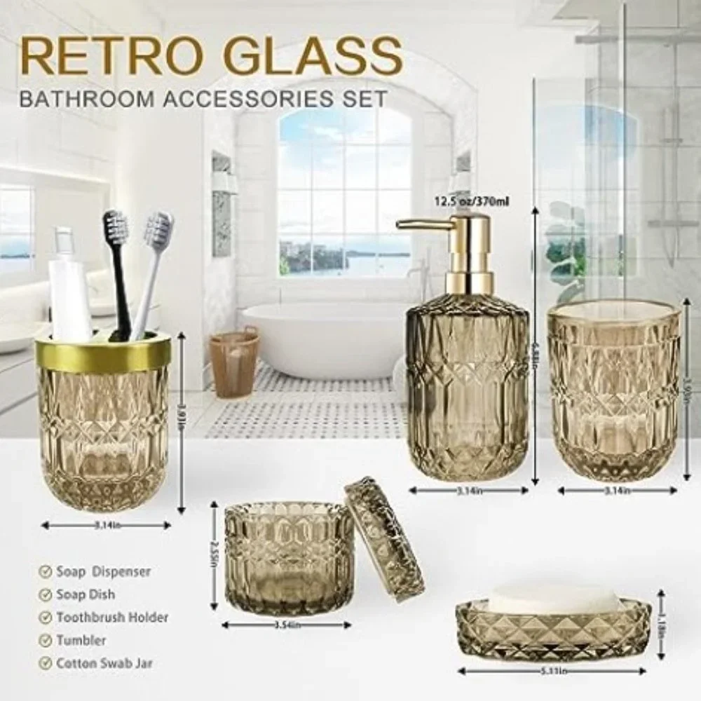 Set of 5 - Retro Amber Glass Bathroom Accessory Set - Classic Bathroom Decor