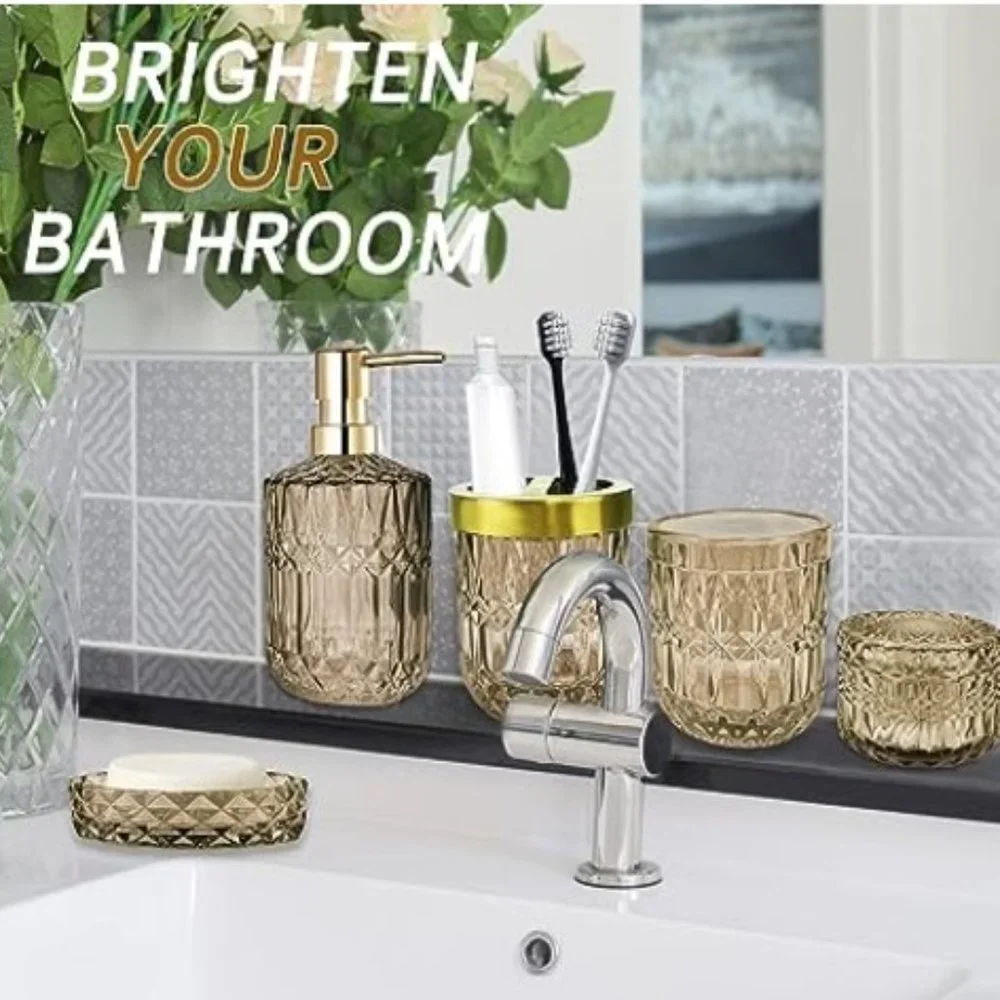 Set of 5 - Retro Amber Glass Bathroom Accessory Set - Classic Bathroom Decor