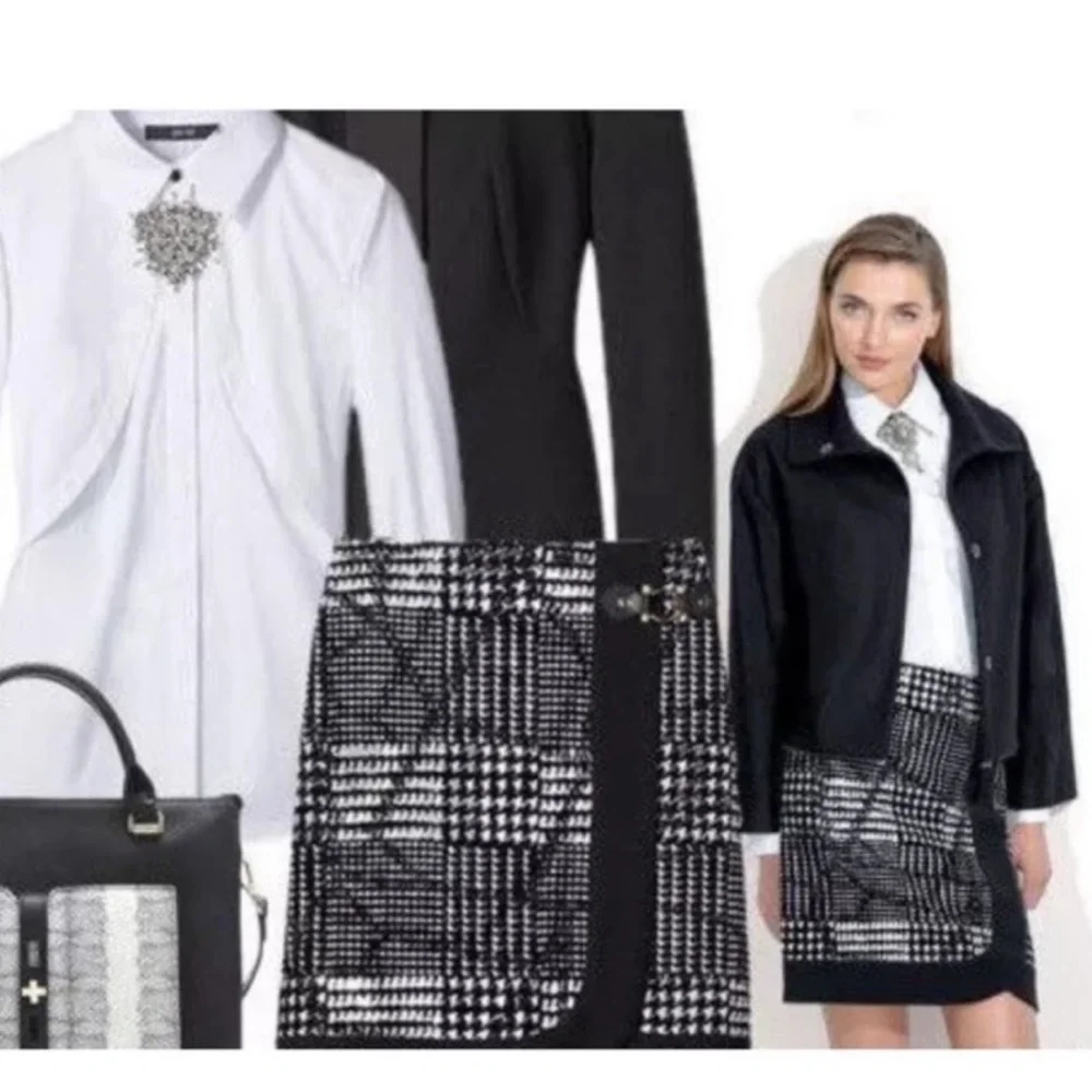 The Carlisle Black & White Skirt W/ Faux Drape, Leather & Gold Buckle, Side Zip