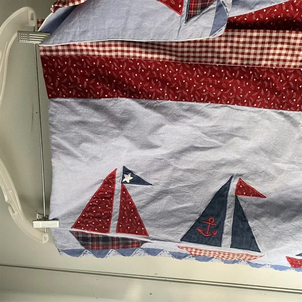 Window Valance Pair Sailboat Applique Gingham Red Blue 20