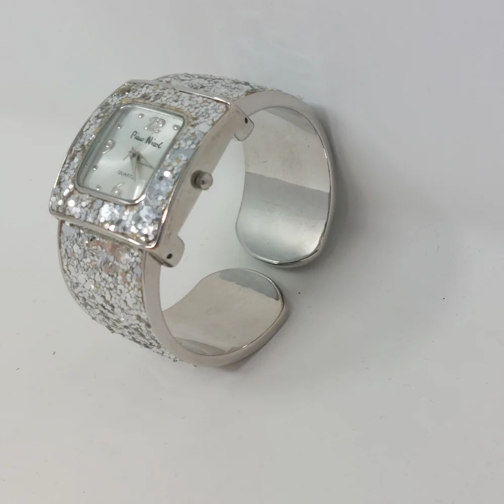 Pierre Nicol Silver Sequin Sparkly Watch Cuff Bracelet Square Face Glam Bling