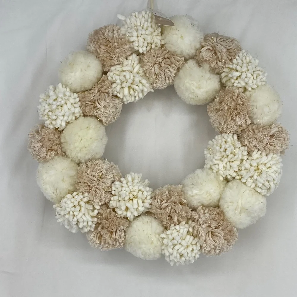 Holiday Lane Round Pompom Wreath Ivory Beige Gold Tones Christmas Winter
