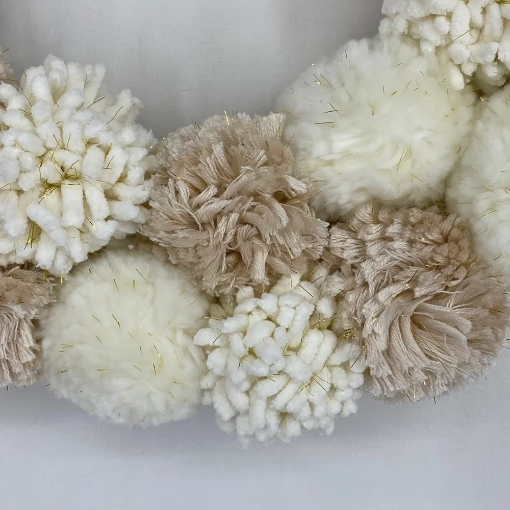 Holiday Lane Round Pompom Wreath Ivory Beige Gold Tones Christmas Winter