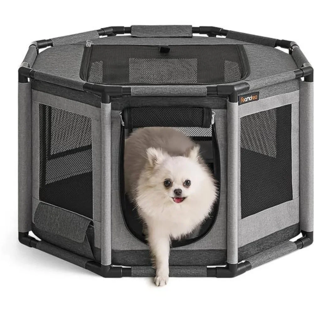 Dog Playpen, Oxford Fabric Dog Fence, Octagon Dog Crate, Dark and Light Gray, M