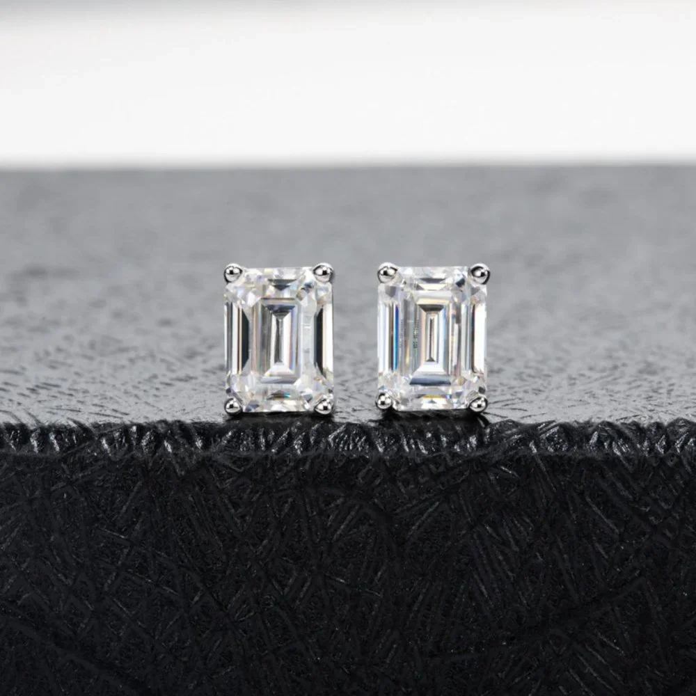 Certified 4ct. t.w. Moissanite Diamond Emerald Cut Stud Earrings NEW
