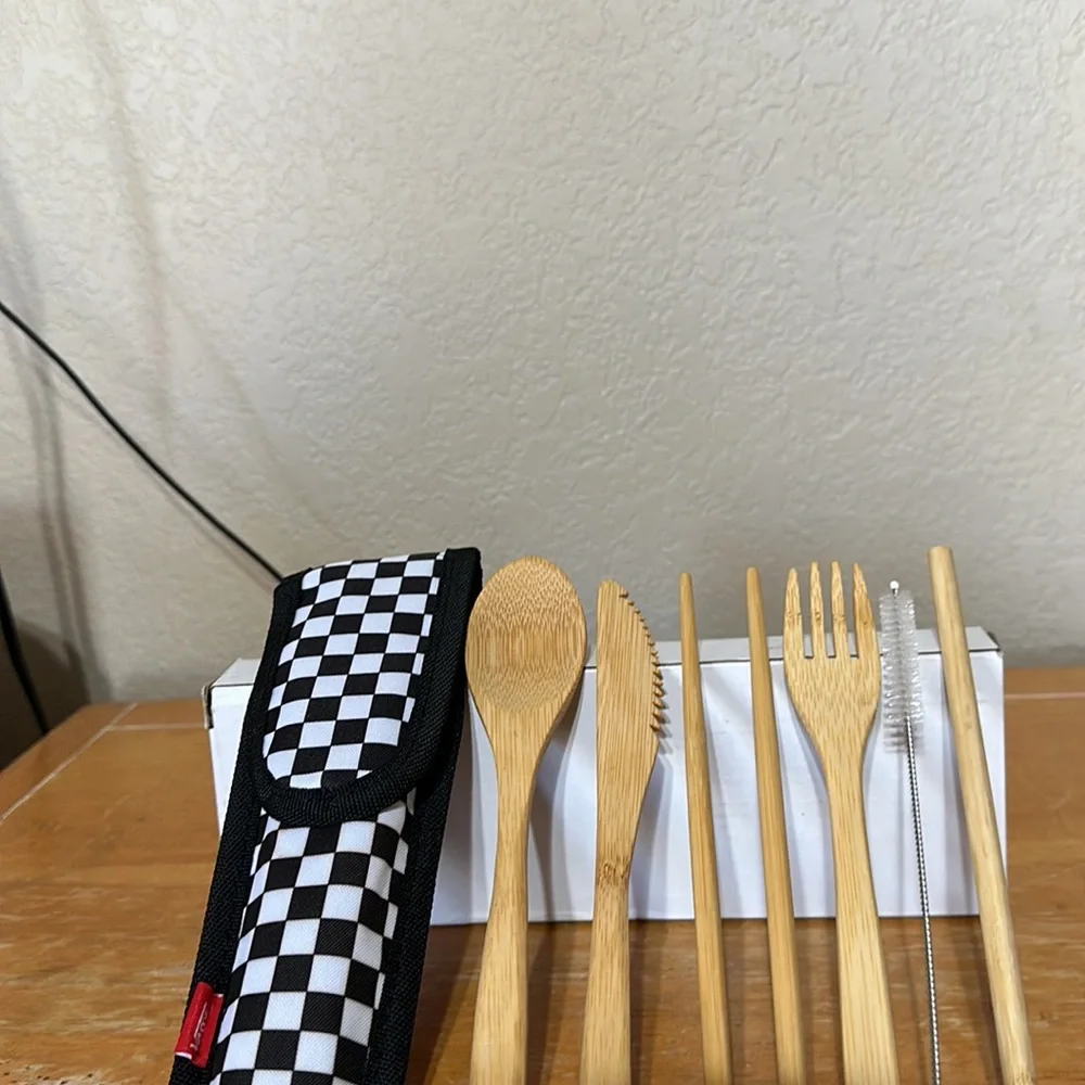 VANS Checkerboard Wooden Bamboo Food Utensils Set 8 Pieces Reusable  exclusive
