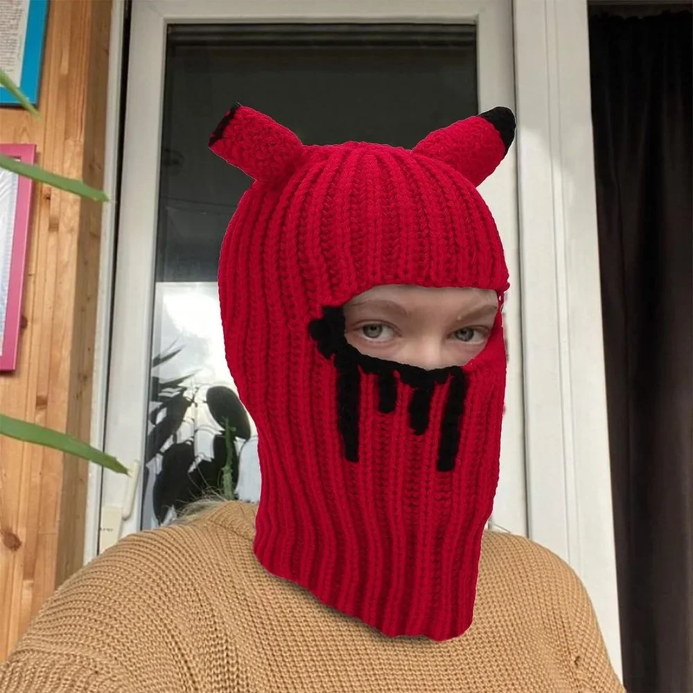 Halloween Horns Creative Knitted Beanies Face Cover Mask Windproof Balaclava Hat