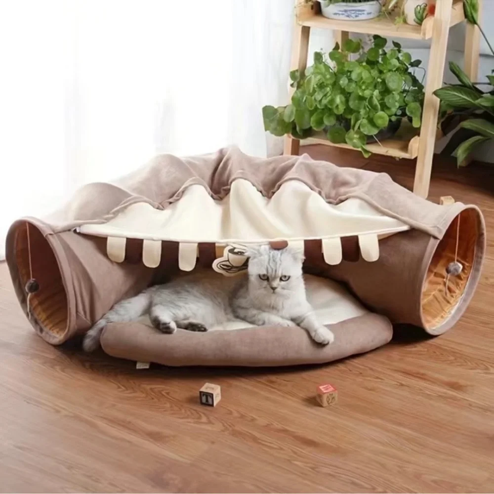 NEW Cat Tunnel: Collapsible Washable Bed & Toy for Indoor Cats-Coffee