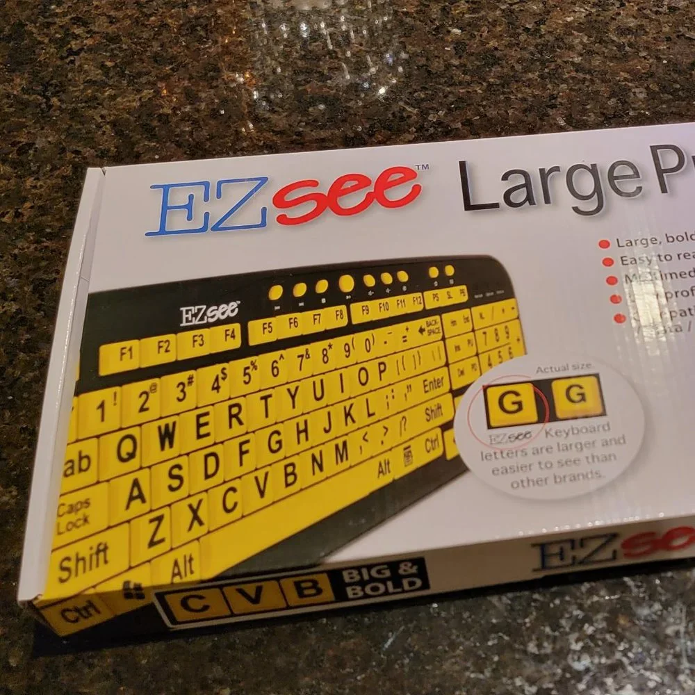 EZ SEE Large Print Keyboard-White Keys on Black Background-NIB