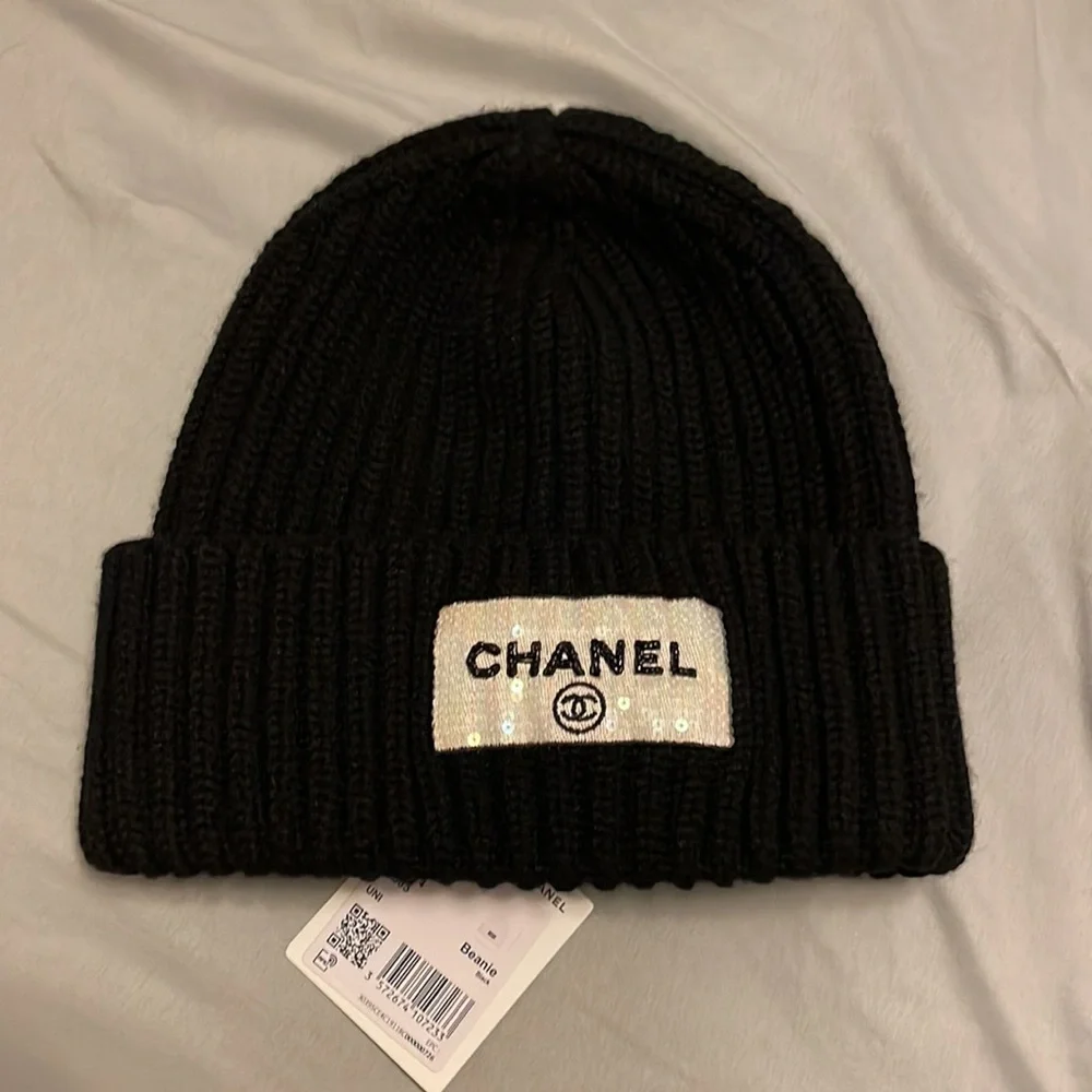 Authentic Chanel cashmere Sequins and Beads logo patch beanie