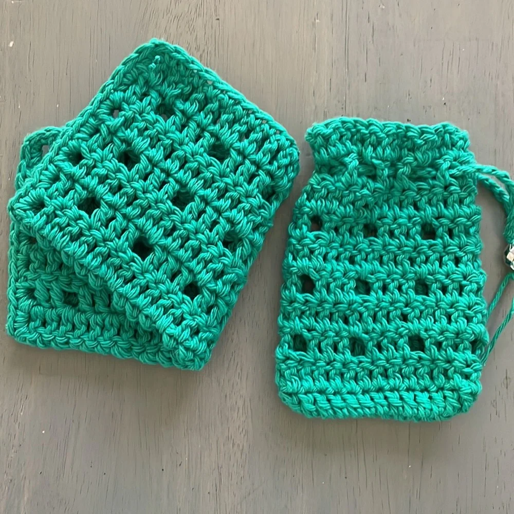 Soap Saver Bag + Washcloth Bath Set - Hand Crafted Crochet - 100% Cotton