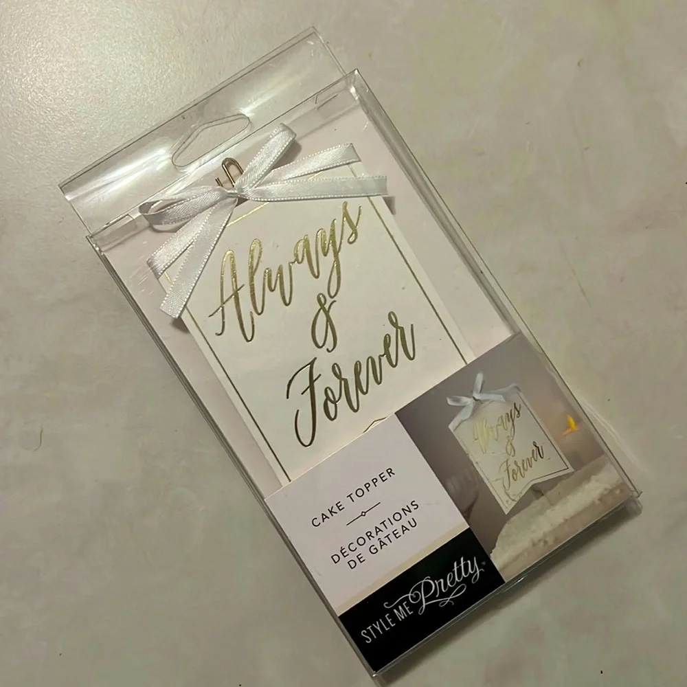 BRAND NEW Cake Topper “Always & Forever” gold font w/bow & small golden stand