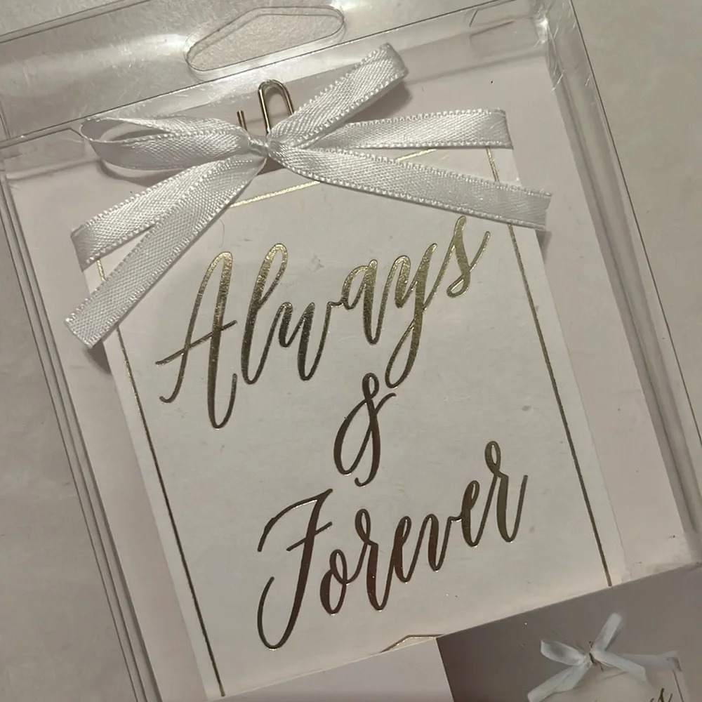 BRAND NEW Cake Topper “Always & Forever” gold font w/bow & small golden stand