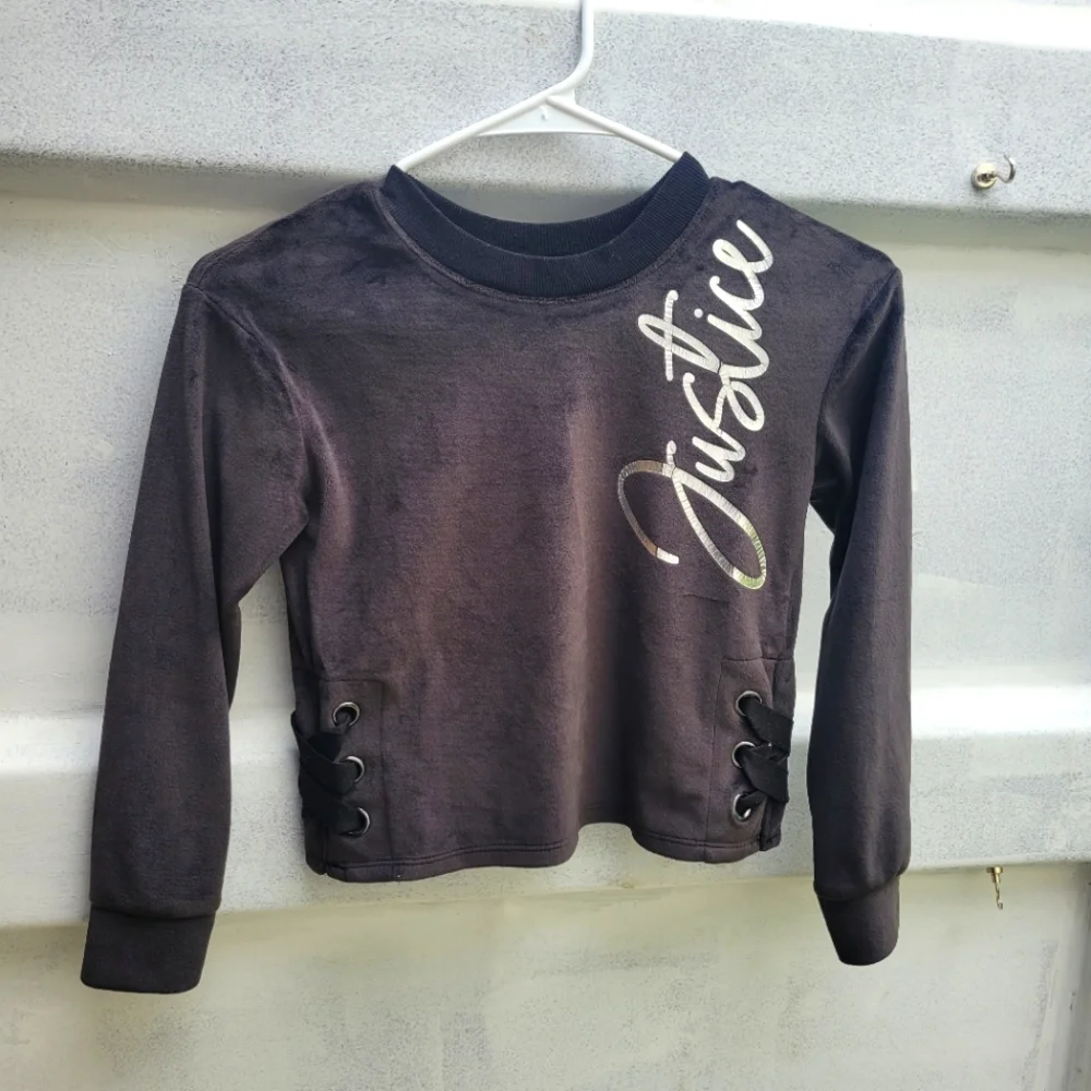 ❤️🩷❤️ Justice black velvet velour sweater top 7 girls metallic