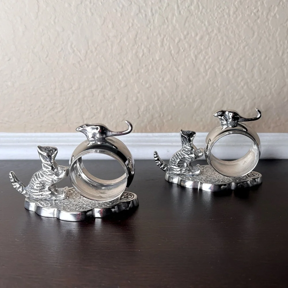 Vintage Cat and Mouse Napkin Rings Pair, Fine Dining, Silver Tone, Thanksgiving