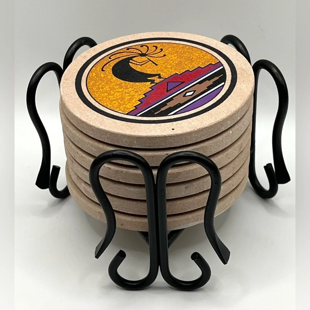 Set of 6 Coasters in Metal Holder Kokopelli Design 3.8 in