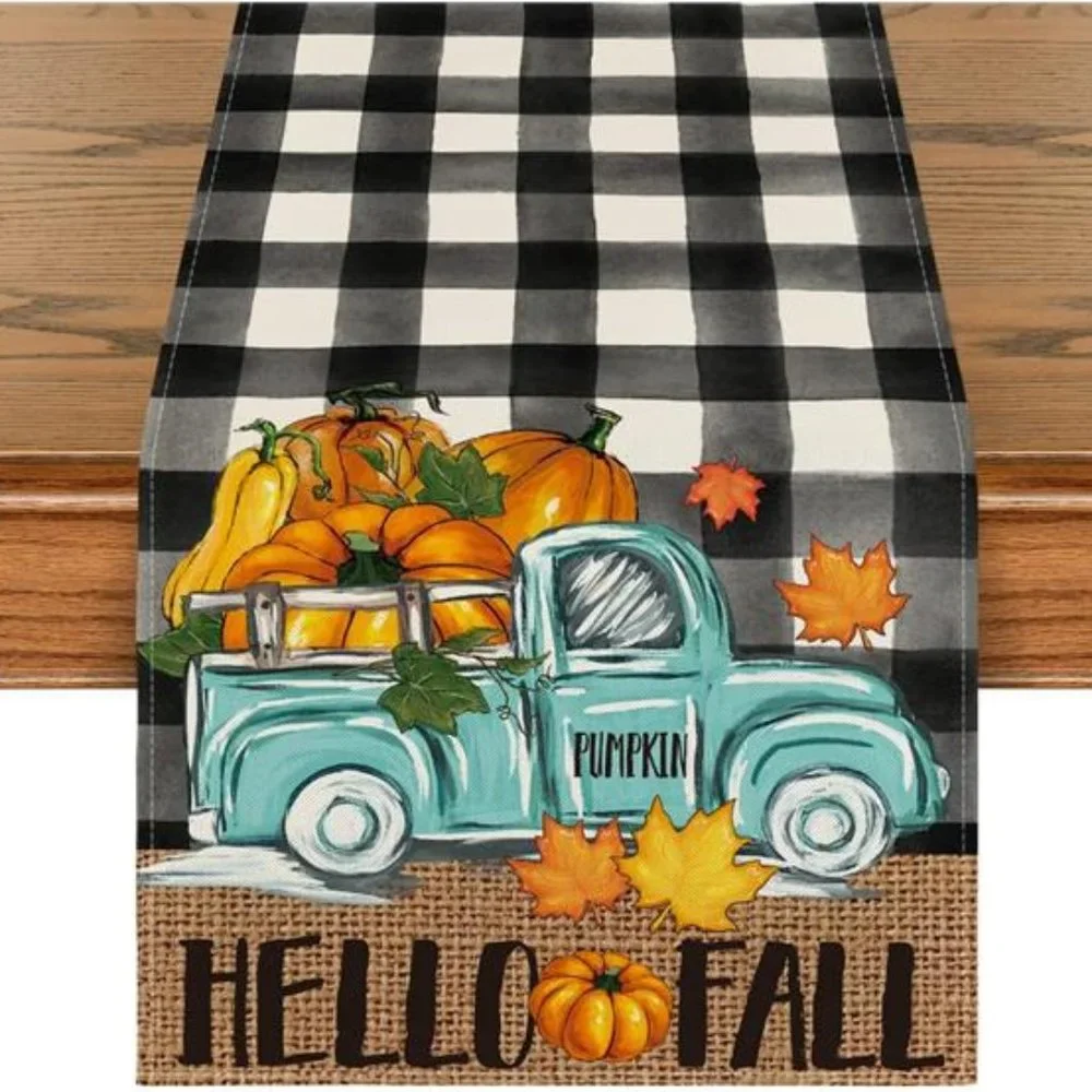 Fall Table Runner Thanksgiving Decor Pumpkin Truck Country Cottage Decoration