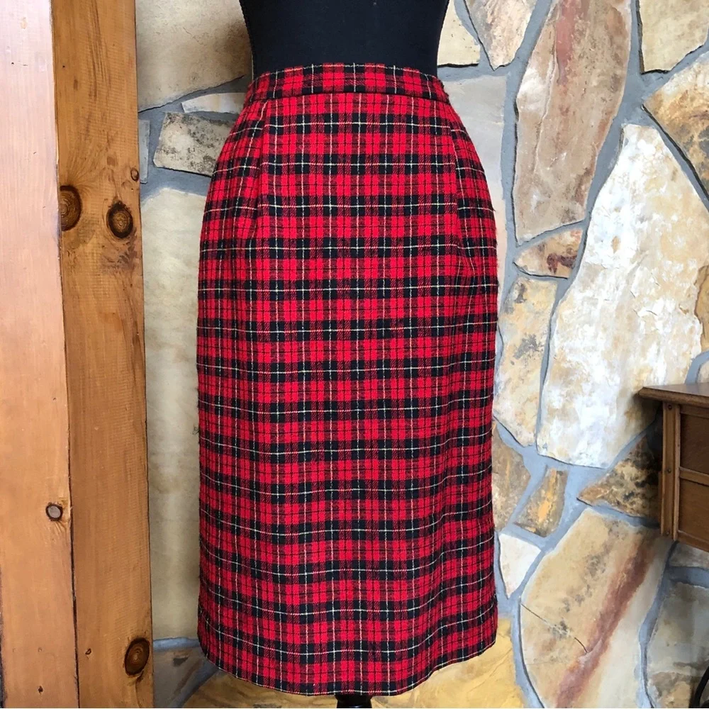 Pendleton Tartan Plaid Wool Pencil Skirt Lined Red Black (00 XXS Petite)