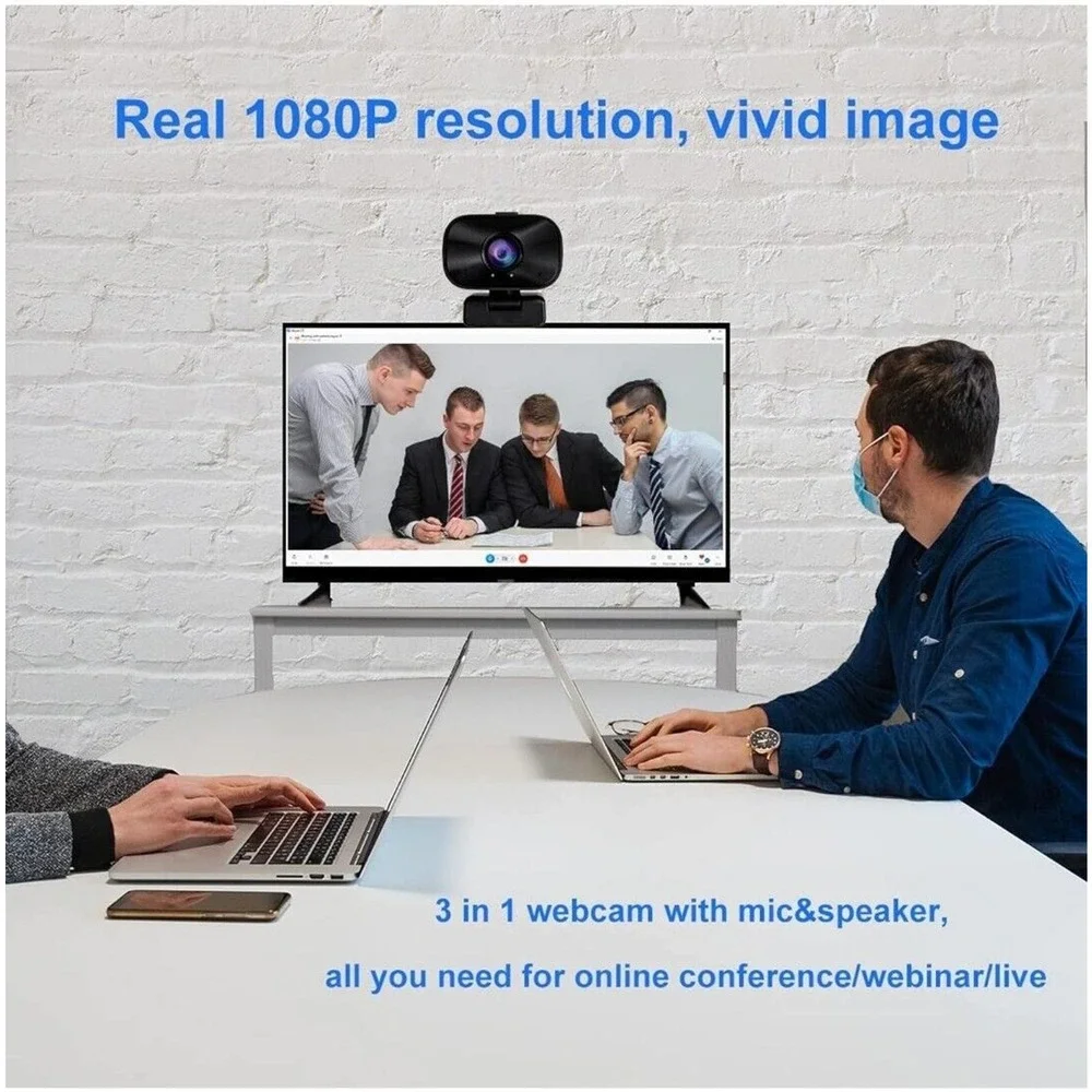 1080P HD Webcam with Microphone Speaker, Fast Auto Focus 3 in 1 Conference Camer