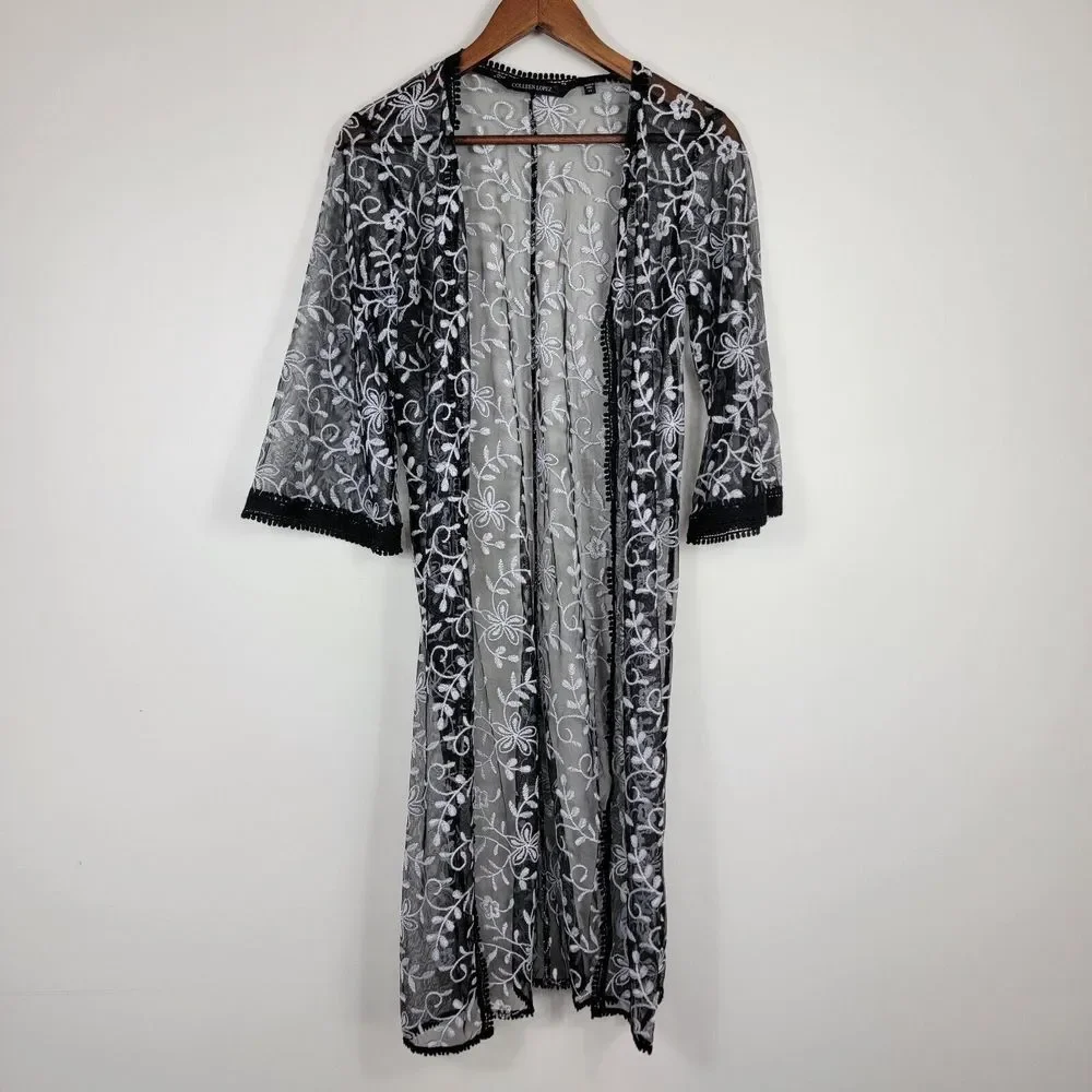 Colleen Lopez XS Duster Cardigan Kimono Embroidered Black White