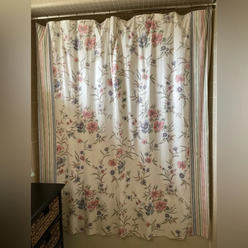 Vintage Custom made shower curtain floral/stripes 5’ wide by 6’ wide