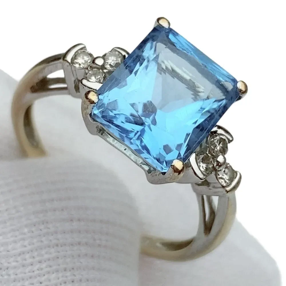 10k 10KT Karat Fine Solid White Gold Blue Topaz & Diamond Ring Women’s 6.5