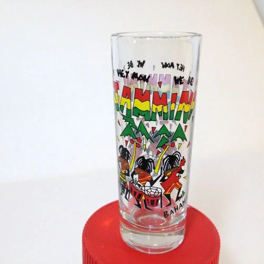 Vintage Bahamas Hey Mon We Be Jammin Shooter Shot Glass Embossed Designs