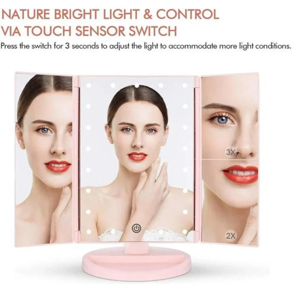 Tri-fold Lighted Vanity Makeup Mirror with 3x/2x/1x Magnification, 21Leds Light