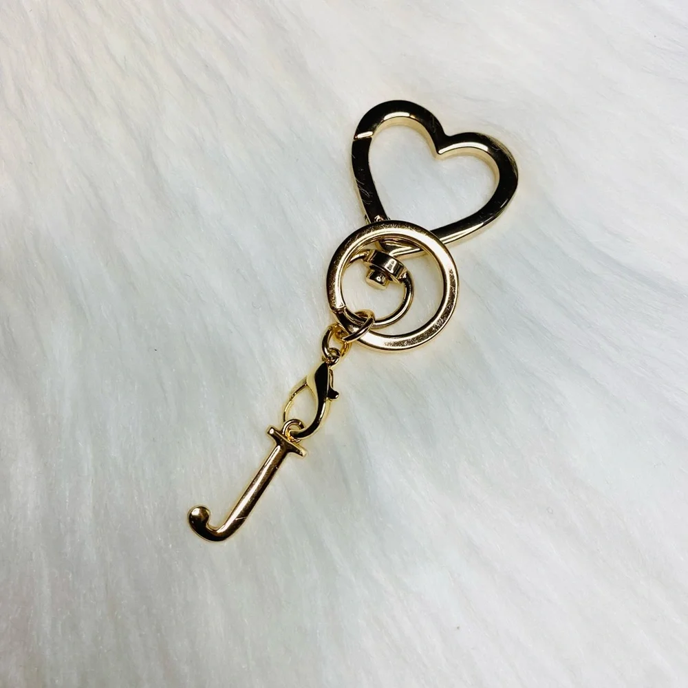 Letter J Gold Color Initial Heart Love Metal Keychain Key Chain Ring NEW