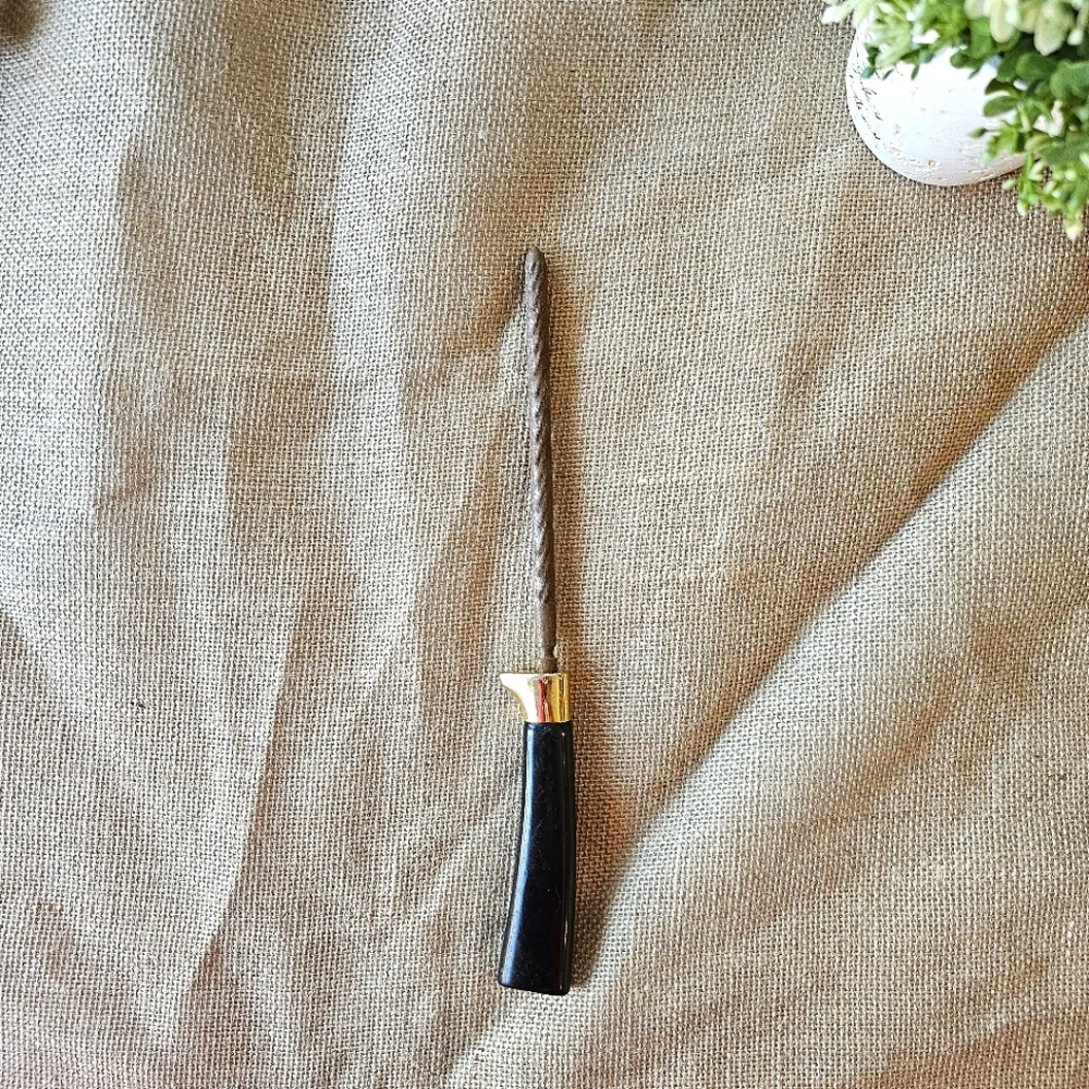 Vintage Knife Sharpening Steel Rod Black Handle Gold Guard Honing Tool