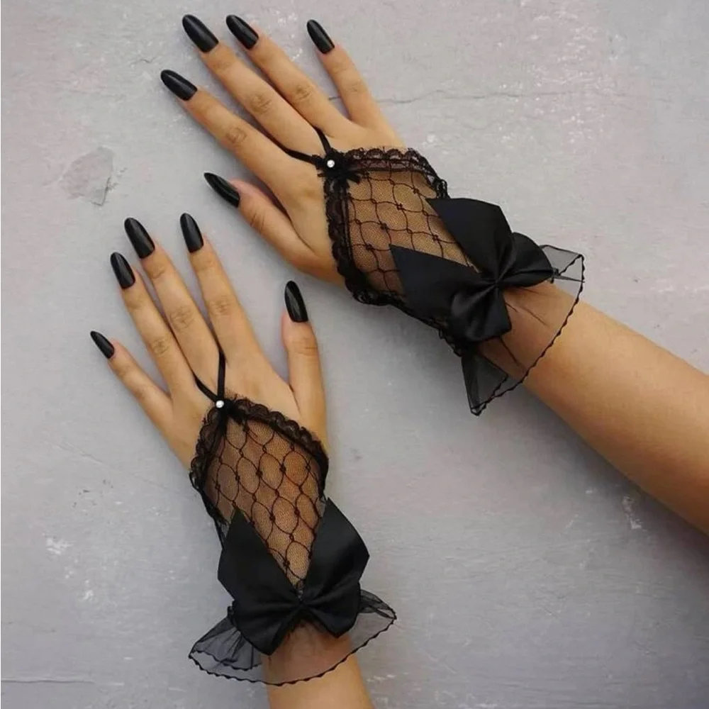 Bow Decor Fingerless Gloves