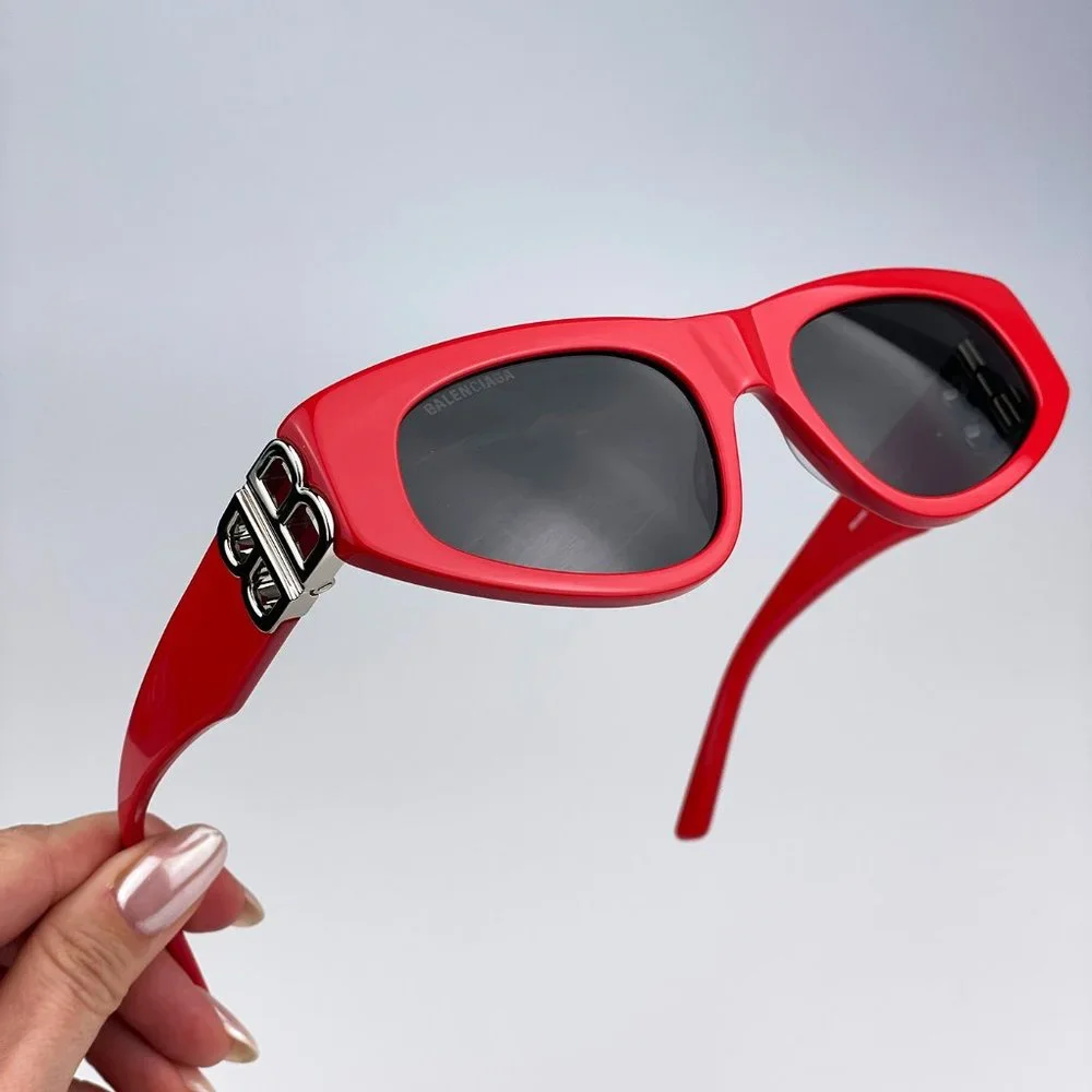 Balenciaga BB0095S 016 BRAND NEW Sunglasses Red Silver Logo Grey Cat Eye Unisex