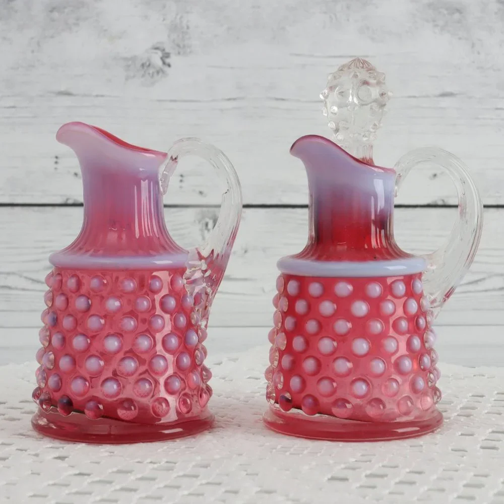 Vintage Fenton Oil Cruet & Stopper and Handled Cruet Hobnail Cranberry Set