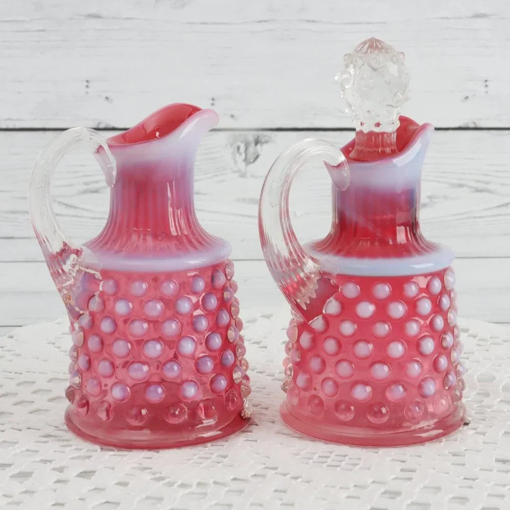 Vintage Fenton Oil Cruet & Stopper and Handled Cruet Hobnail Cranberry Set