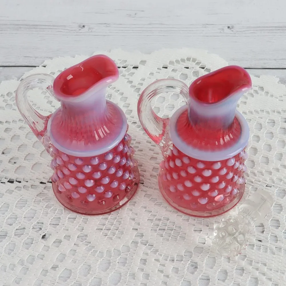 Vintage Fenton Oil Cruet & Stopper and Handled Cruet Hobnail Cranberry Set