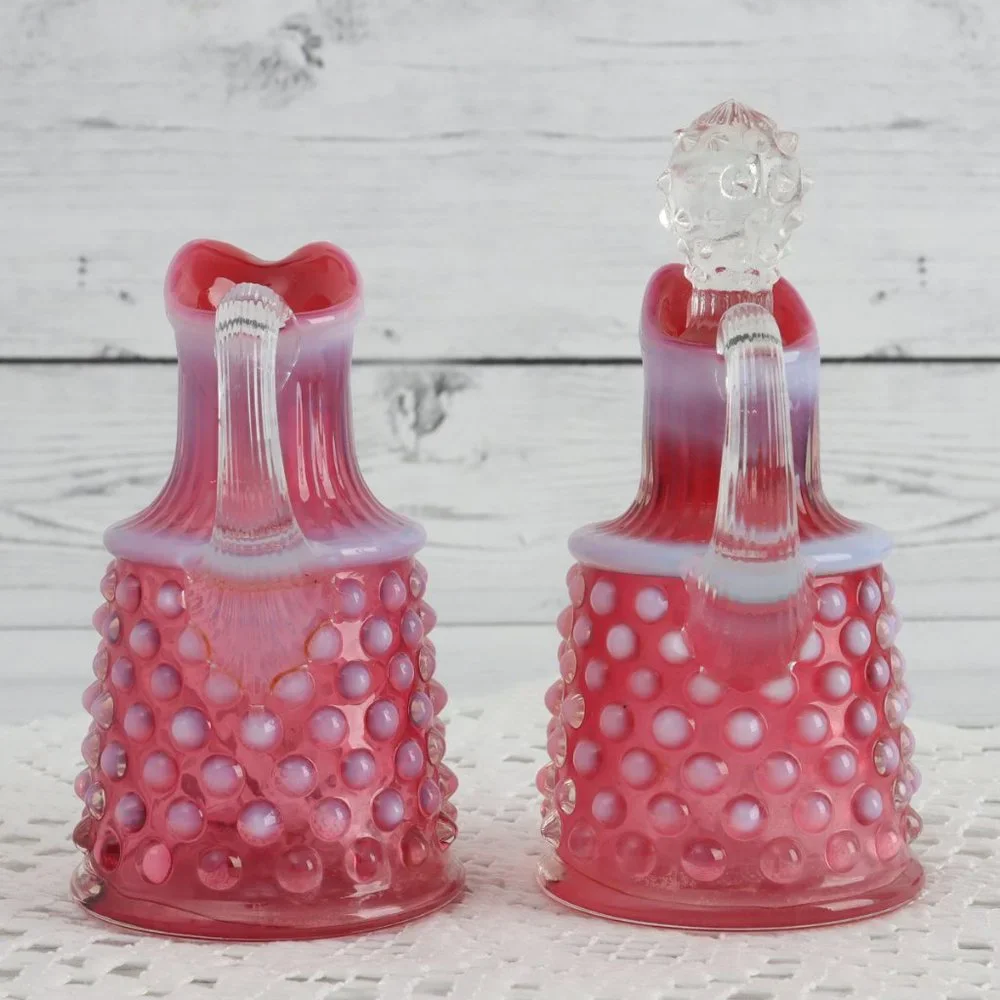Vintage Fenton Oil Cruet & Stopper and Handled Cruet Hobnail Cranberry Set